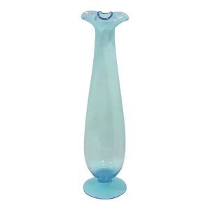 Mid-Century Tall Blue Vase Flared Rim Italian Blown Glass Footed Decorative Vase